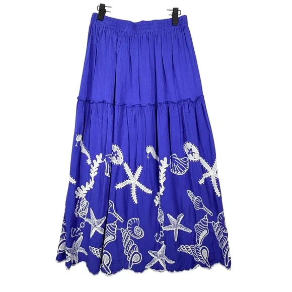 LAFFAIRE M Blue Nautical Sea Shell Starfish Embroidered Tiered Maxi Skirt Beach - Picture 2 of 10